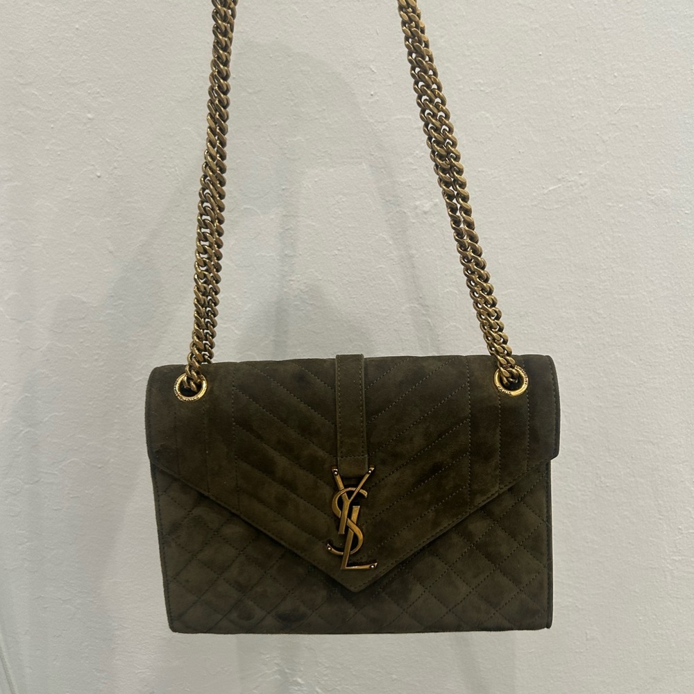 Yves Saint Laurent Khaki Quilted Suede Envelope Crossbody Shoulder Bag